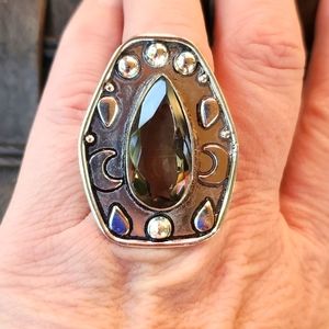 New Smoky Topaz Crescent Moon 925 Silver Ring.